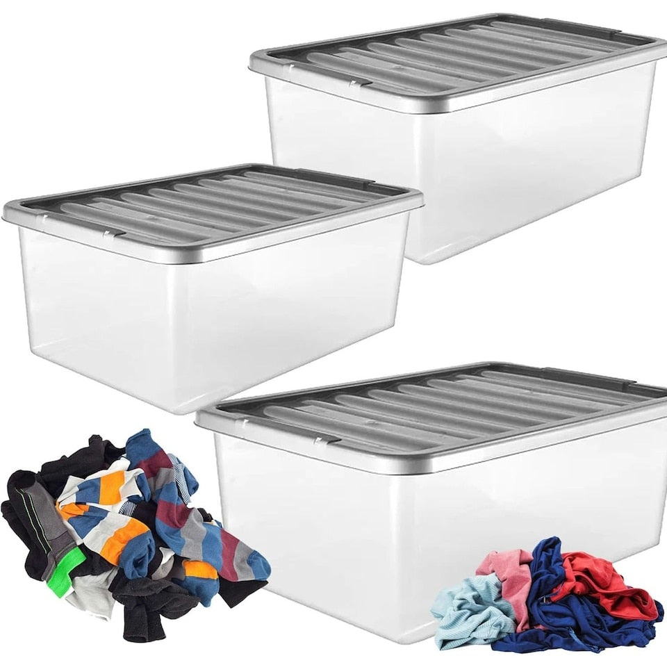 3-Pack 32L Clear Storage Boxes w/ Silver Lids