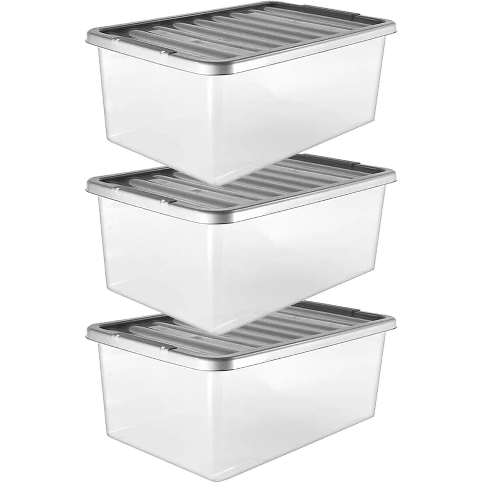 3-Pack 32L Clear Storage Boxes w/ Silver Lids